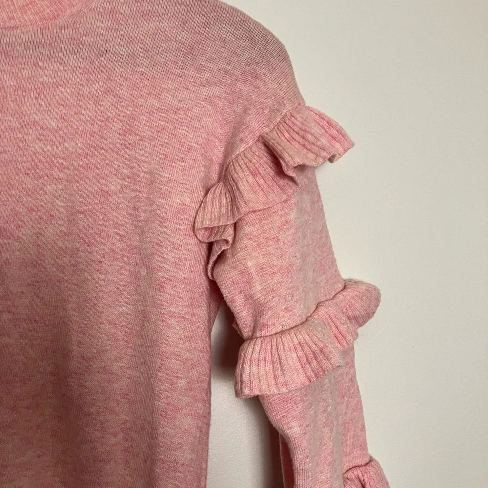 J. Crew Pink Wool Blend Warm Sweater with Ruffled Long Sleeves